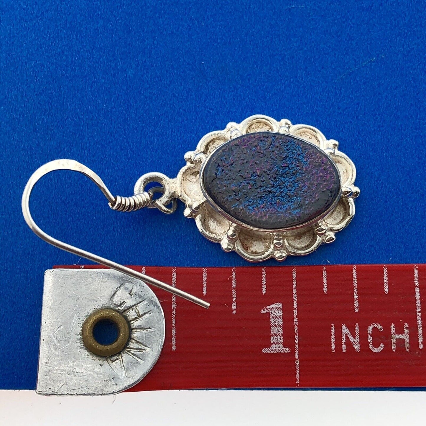 Estate 925 Sterling Silver Iridescent Purple Druzy Quartz Drop Dangle Earrings