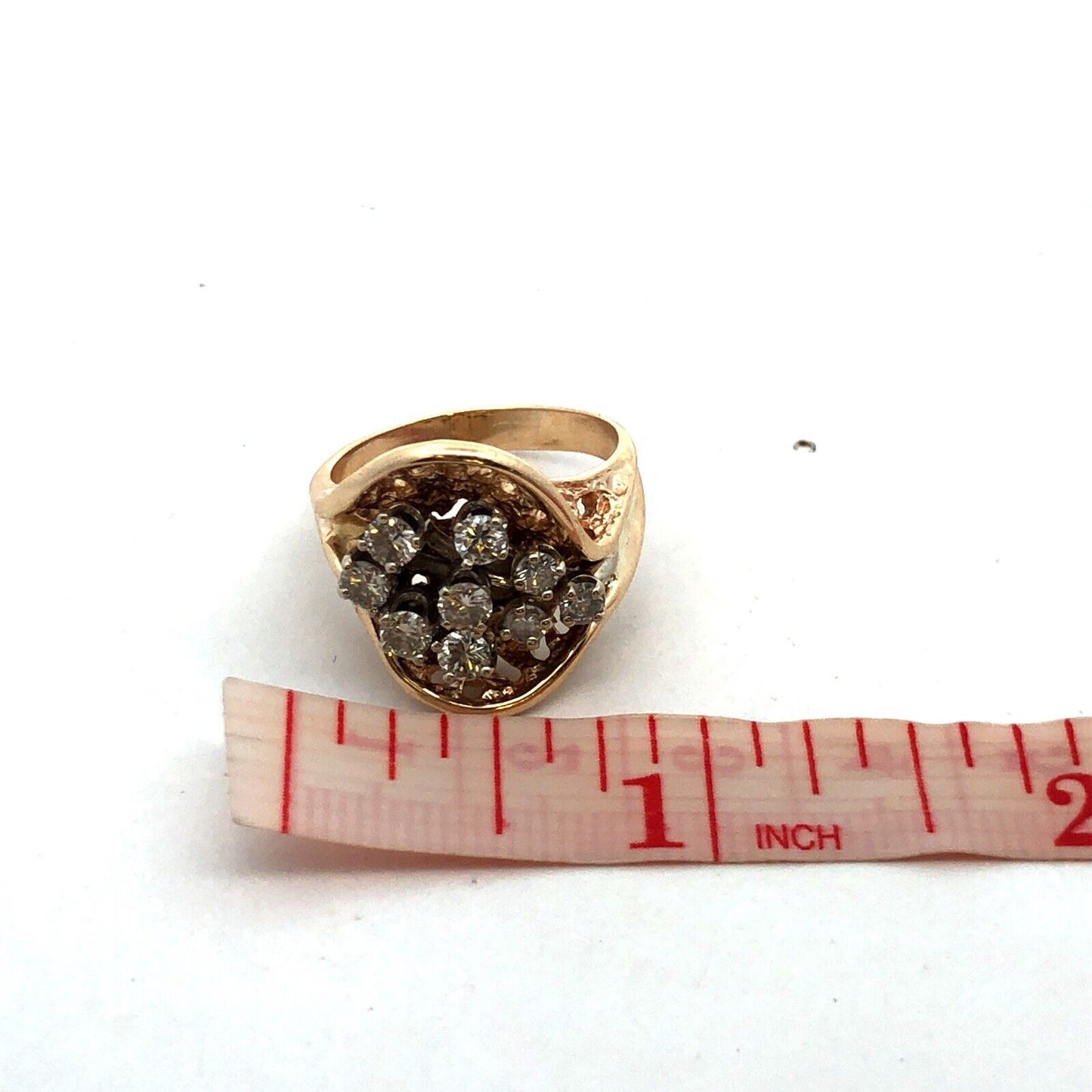Estate 14K Yellow Gold Round Diamond Cluster Nugget Statement Ring