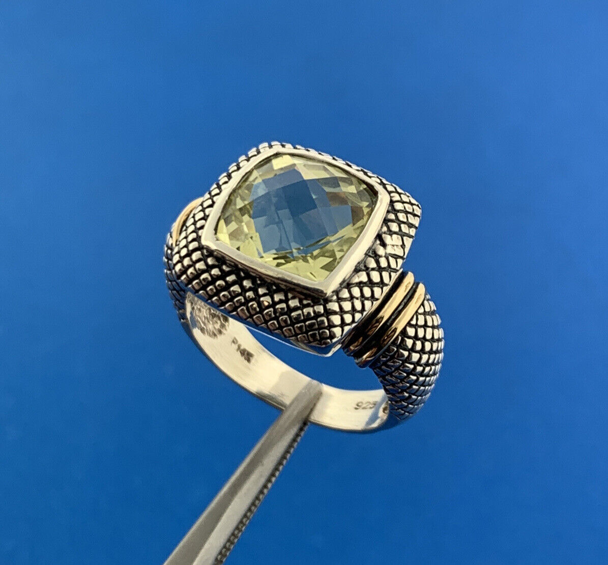 Designer 925 Sterling Silver 14K Gold Cushion Lemon Quartz Square Top Ring