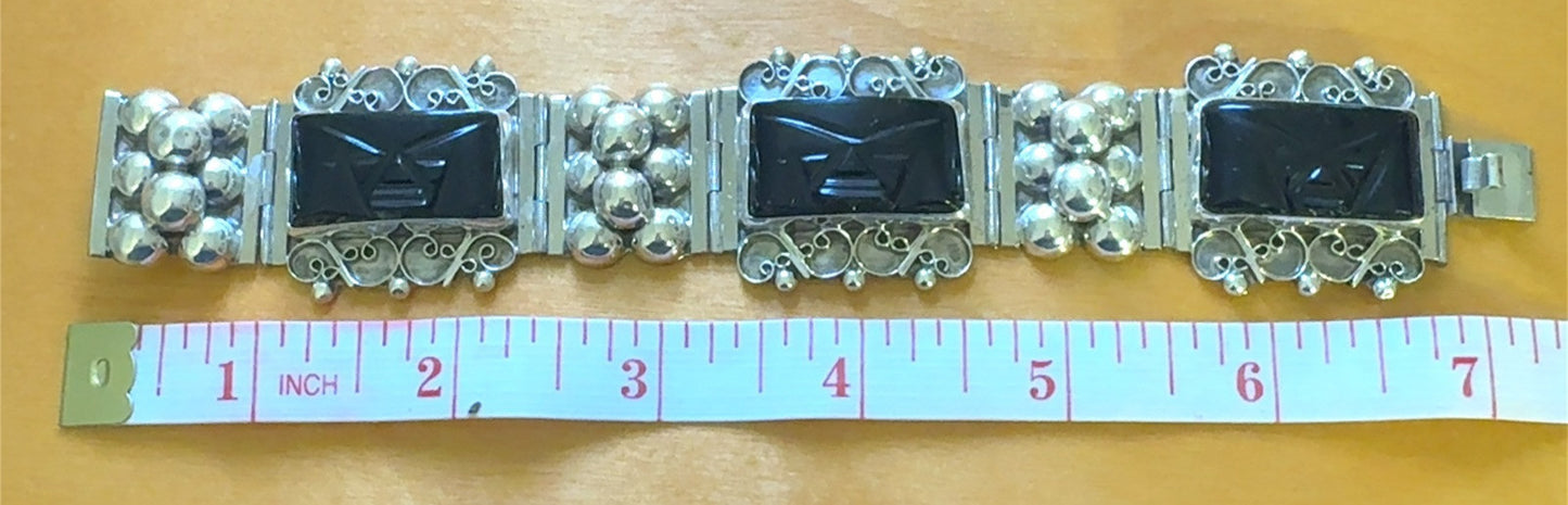 CBR Taxco Mexico 925 Sterling Silver Carved Black Onyx Statement Panel Bracelet