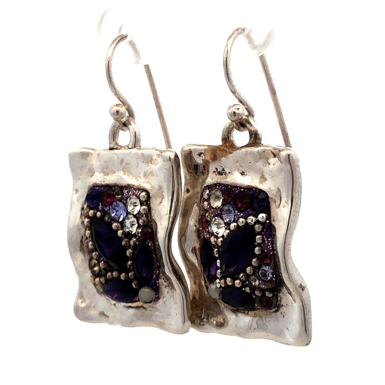 Vintage 925 Sterling Silver Purple Cubic Zirconia Rectangle Hook Earrings