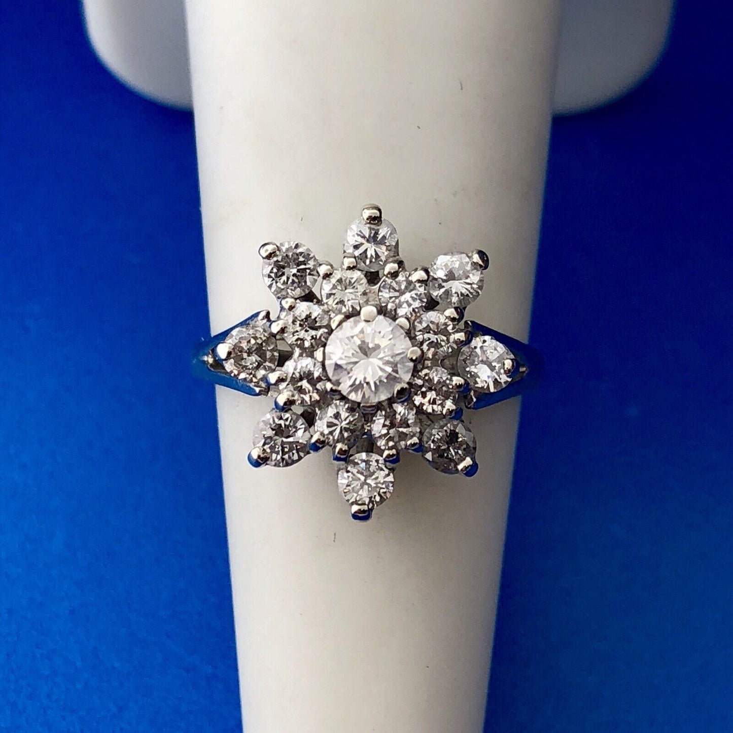 Art Deco 14K White Gold Diamond Starburst Floral Cluster Bridal Anniversary Ring