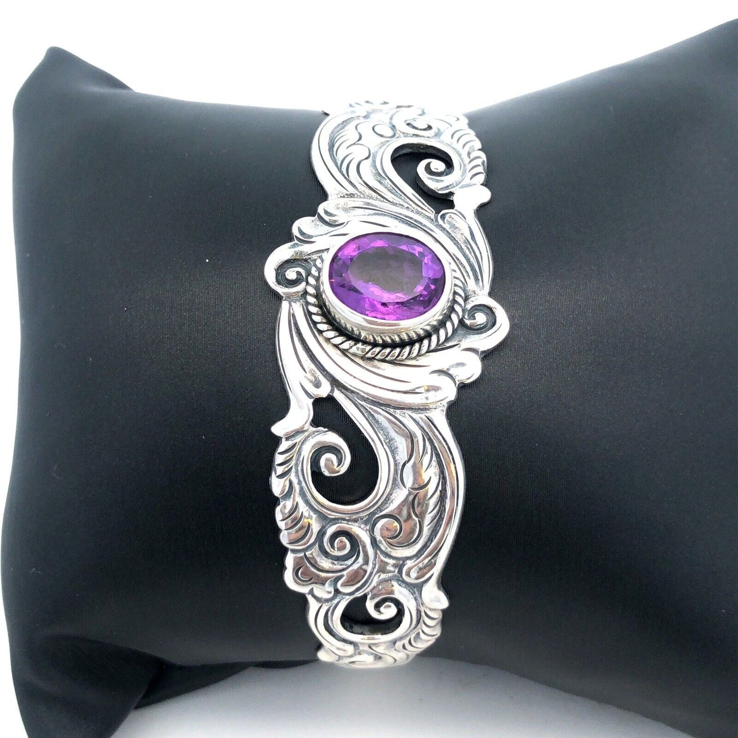 Vintage 925 Sterling Silver Oval Amethyst Floral Scroll Open Cuff Bracelet