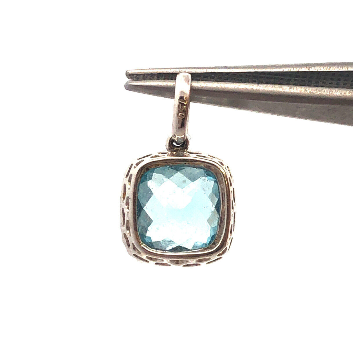 18K White Gold Cushion Cut Blue Topaz Diamond Halo October Anniversary Pendant
