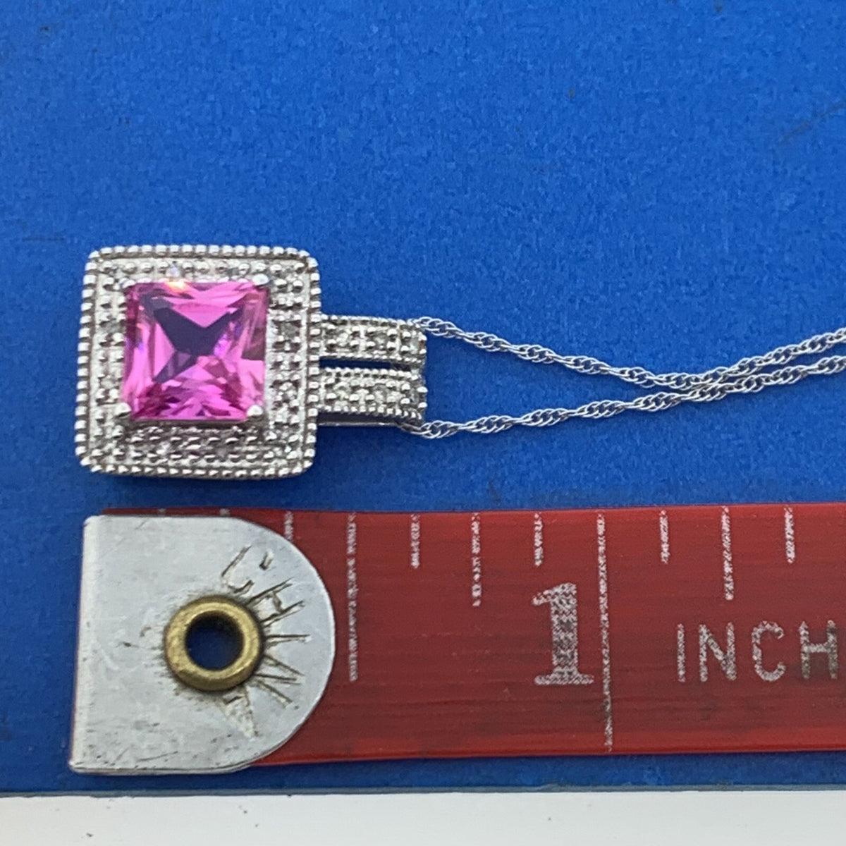 Designer 10K White Gold Princess Pink Sapphire Diamond Pendant Necklace