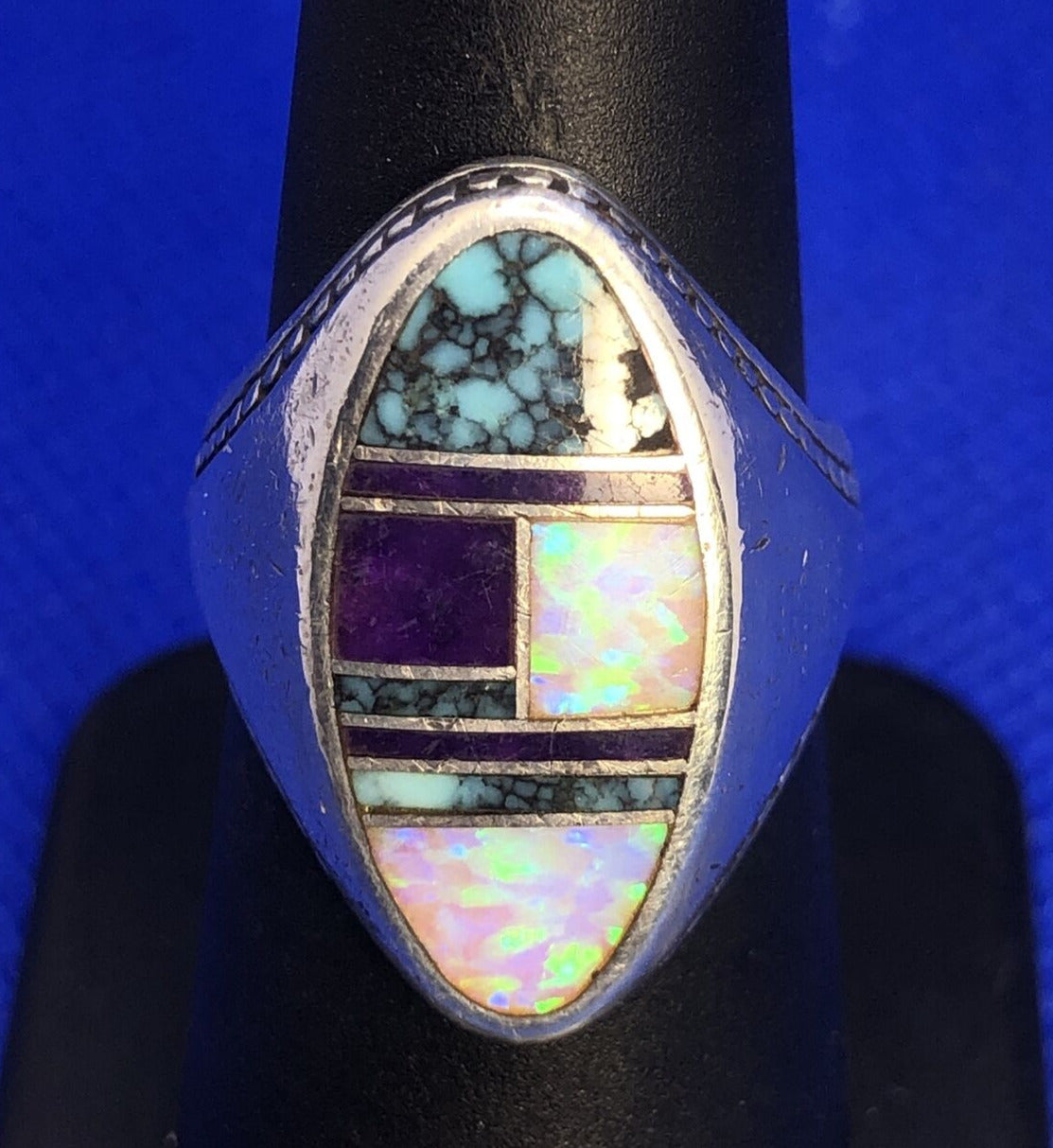 Vintage Designer Sterling Silver Purple Onyx Opal Turquoise Inlay Finger Ring