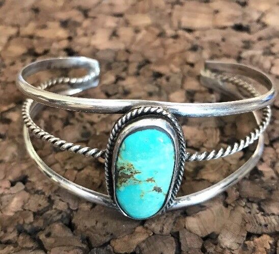Native American Sterling Silver Oval Green Royston Turquoise Split Cuff Bracelet