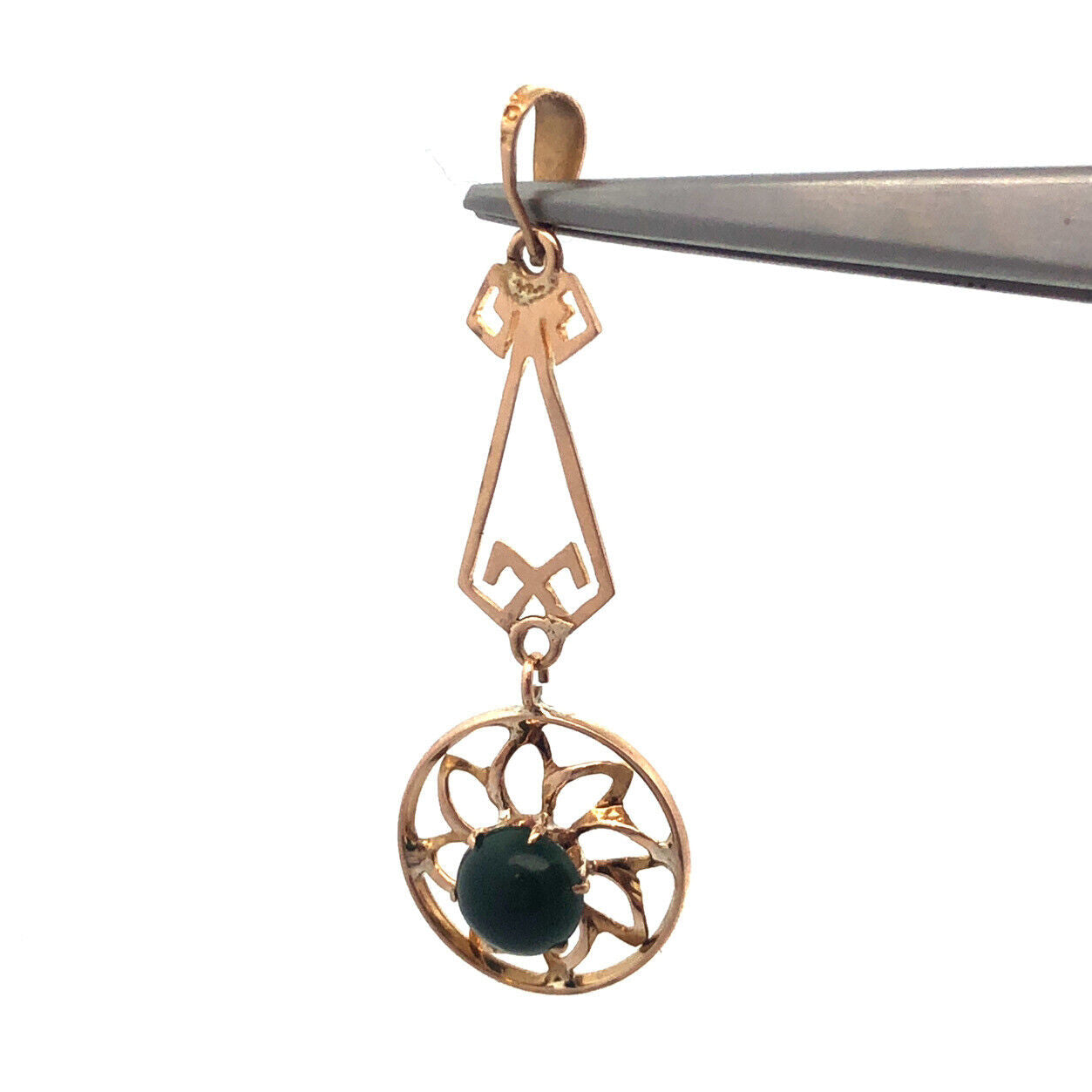 Vintage 10K Yellow Gold Round Green Onyx Cabochon Floral Design Dangle Pendant