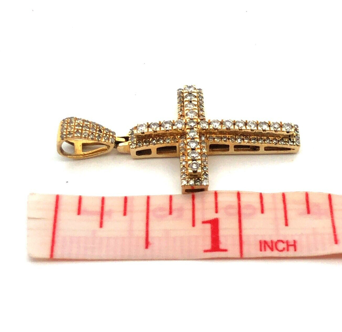 Estate 10K Yellow Gold Round Diamond Encrusted Cross Pendant