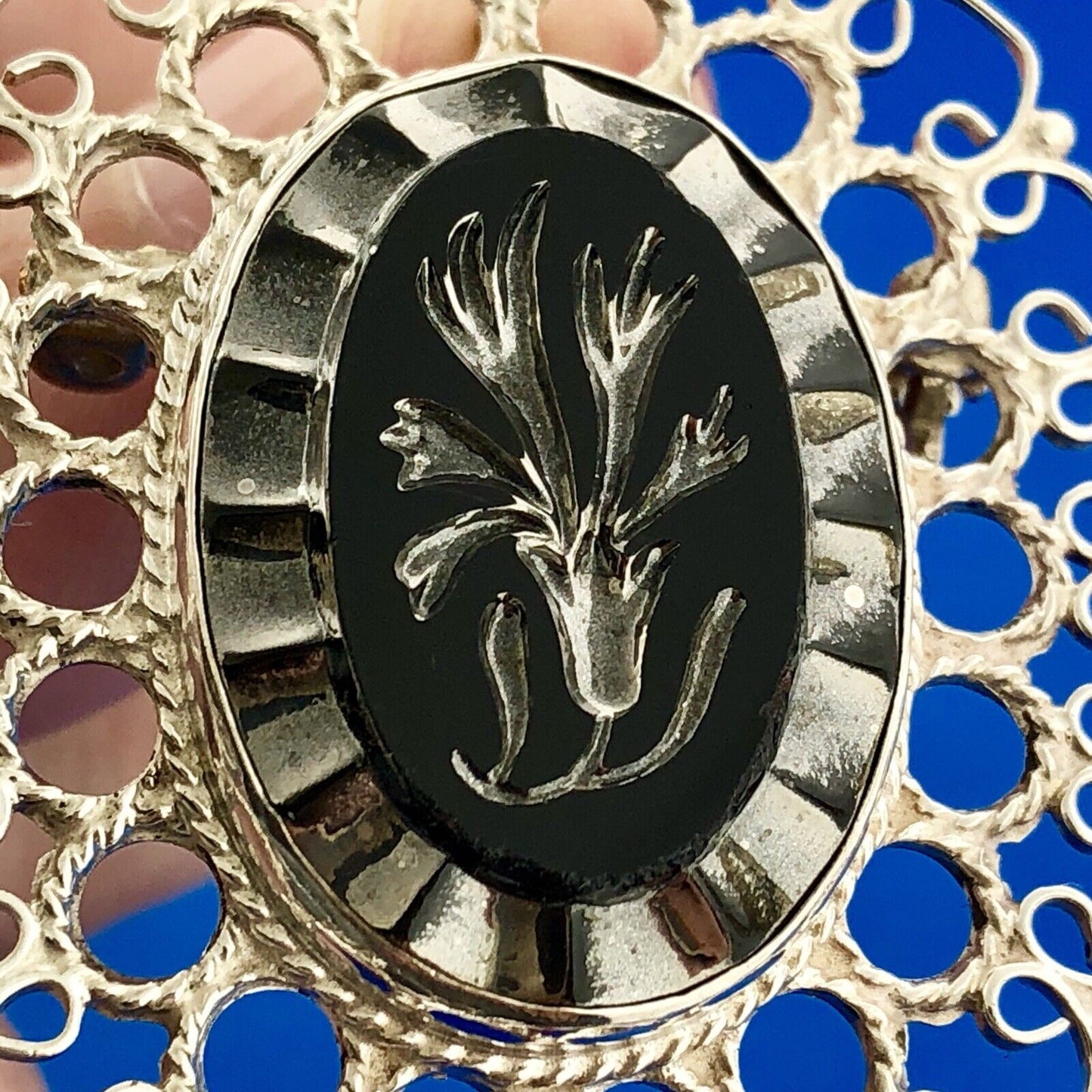 Plata De Jalisco Mexico Sterling Silver Black Intaglio Glass Pin Brooch Pendant