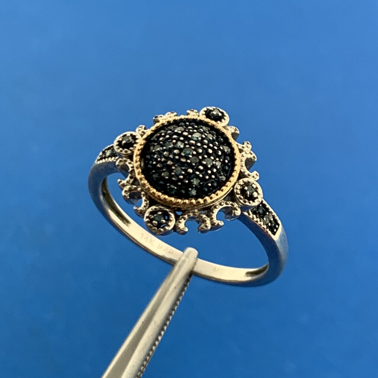 Designer 925 Sterling Silver 14K Yellow Gold Blue Diamond Two Tone Occasion Ring