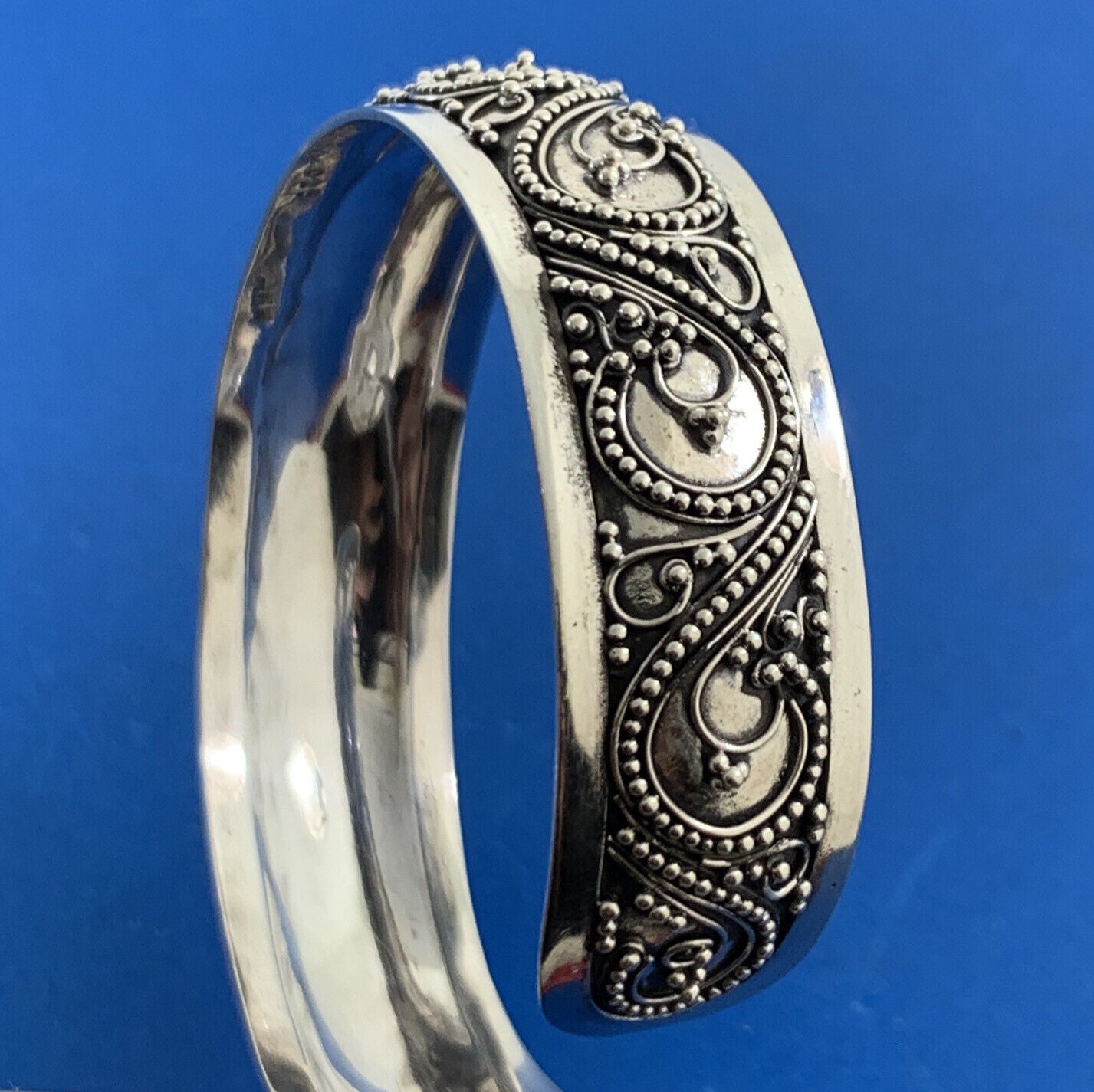 Designer 925 Sterling Silver Beaded Filigree Detail Open Cuff Bracelet