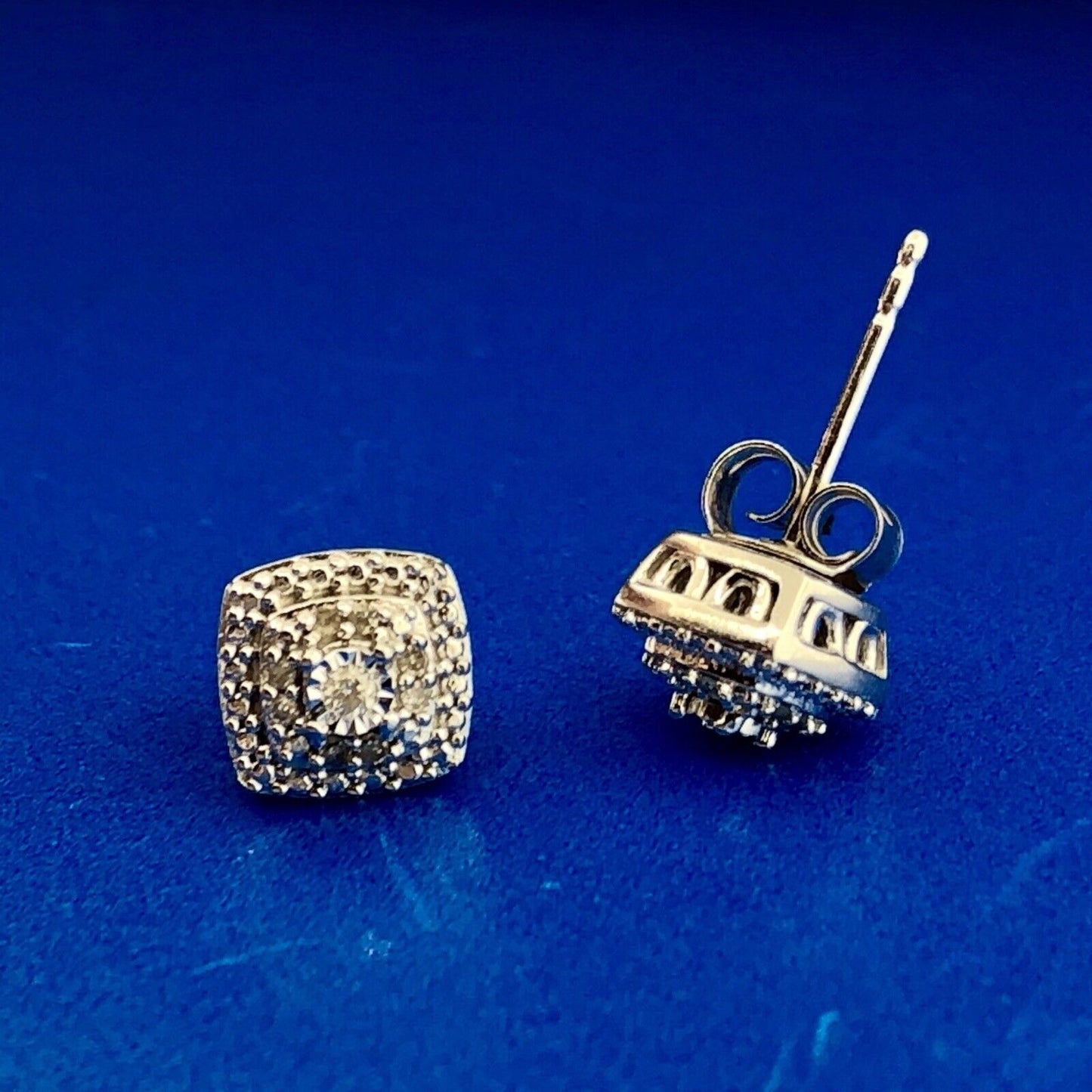 Elegant Sterling Silver 925 Diamond Three Tier Square Cluster Stud Earrings