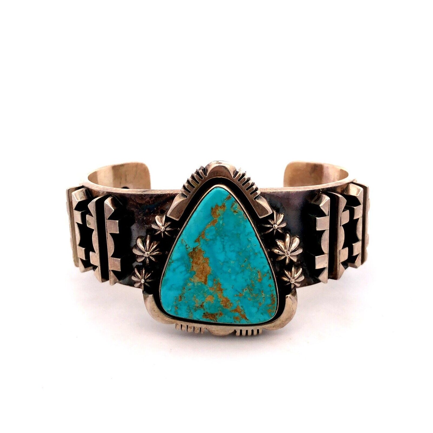 Jimmy Secatero Navajo 925 Sterling Silver Turquoise Statement Open Cuff Bracelet