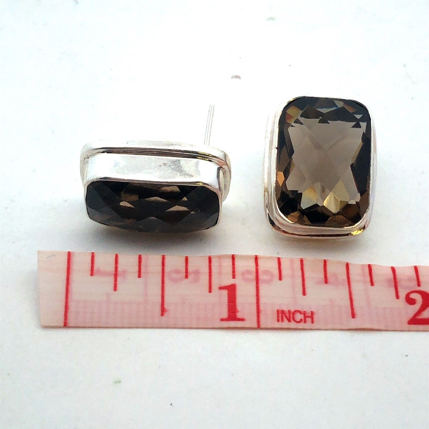 Vintage 925 Sterling Silver Rectangle Cushion Cut Smokey Quartz Stud Earrings