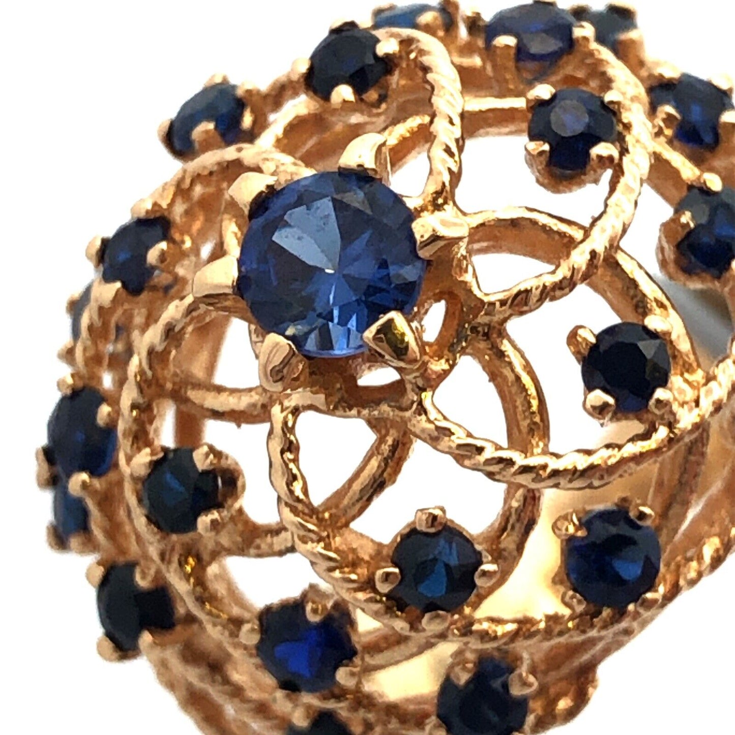 Estate 18K Yellow Gold Blue Sapphire Open Work Harem Cocktail Statement Ring