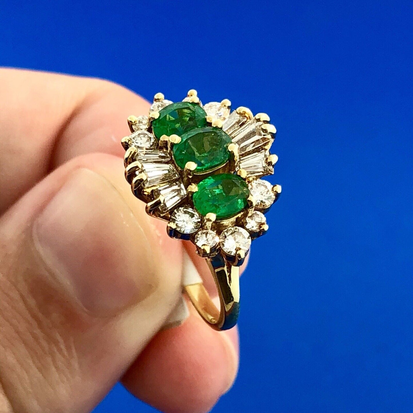 Vintage 14k Yellow Gold Three Oval Emerald Ring w/ Round & Baguette Diamonds
