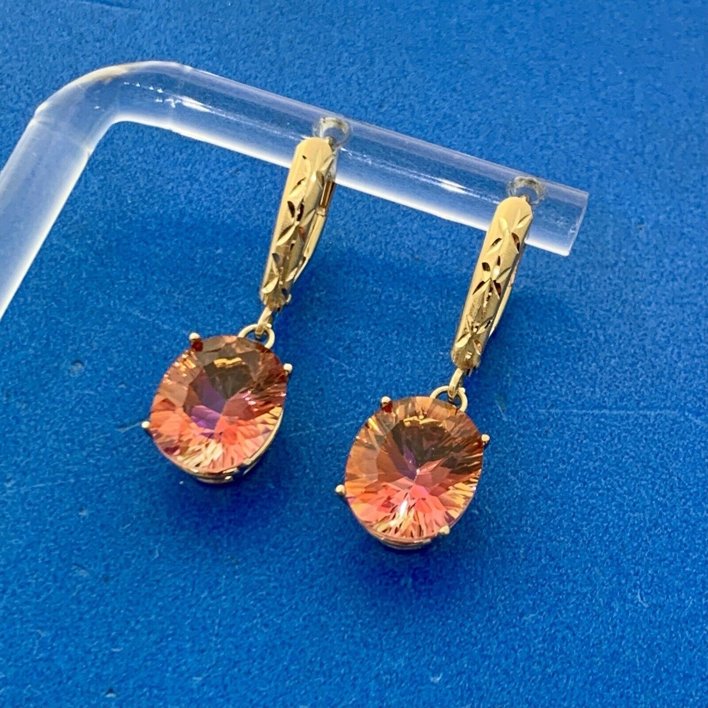 Designer 14K Yellow Gold Oval Mystic Topaz Statement Dangle Lever Back Earrings