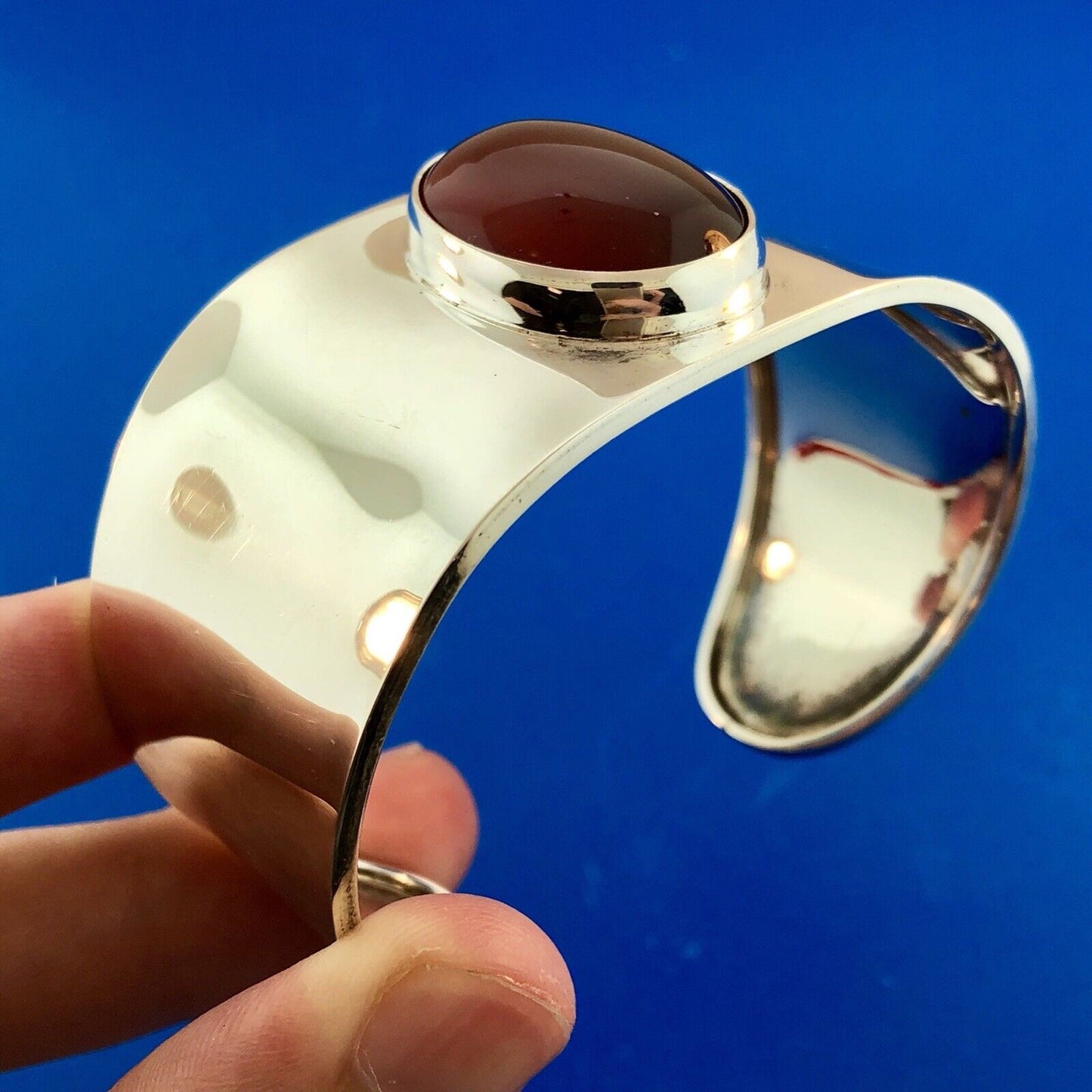 CII Mexico Taxco 925 Sterling Silver Carnelian Cabochon Statement Cuff Bracelet