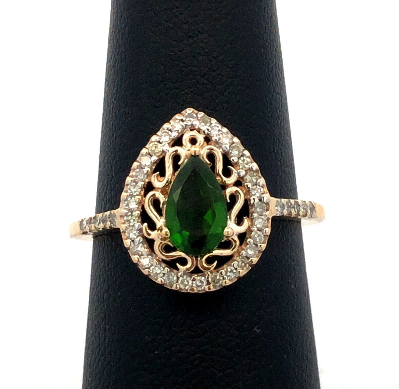 Estate 10K Yellow Gold Pear Cut Emerald Diamond Halo Engagement Ring