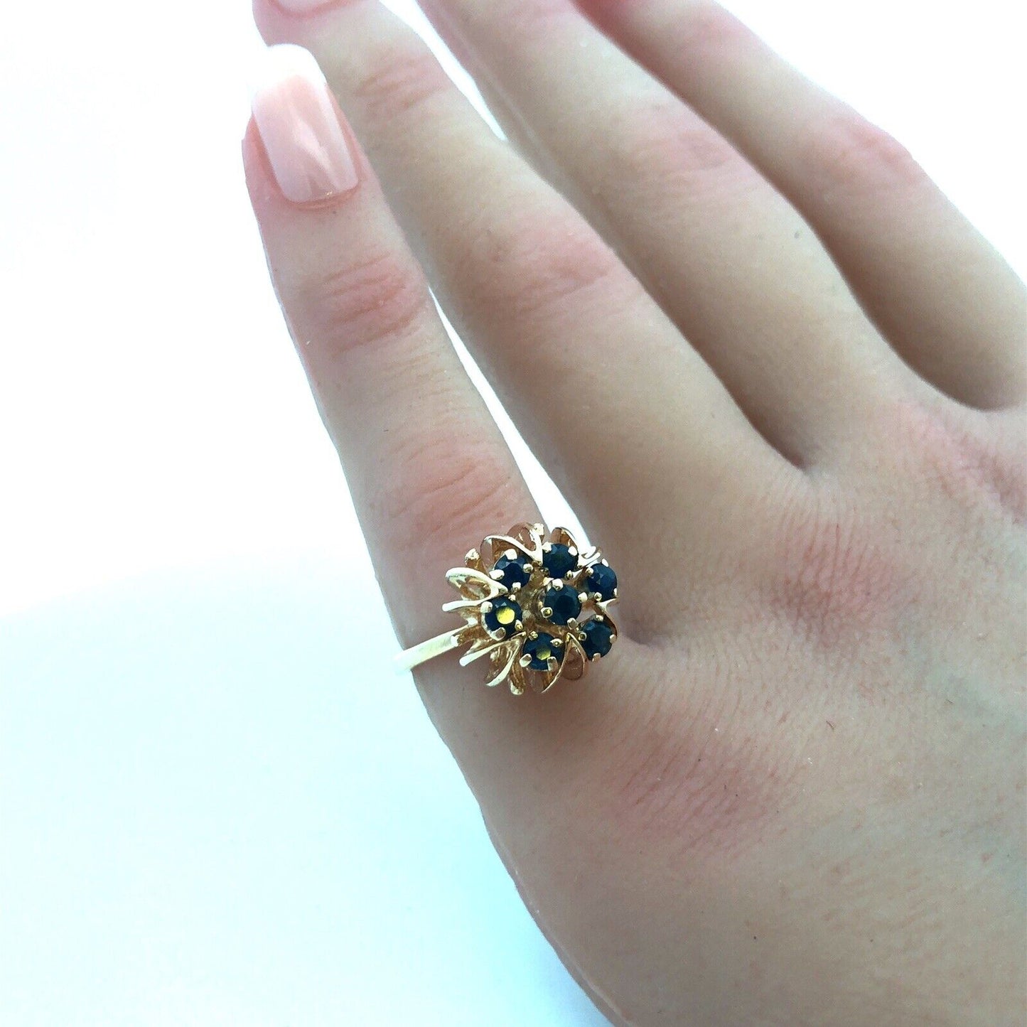 Vintage 14K Yellow Gold Sapphire Buttercup Flower Cluster Cocktail Ring