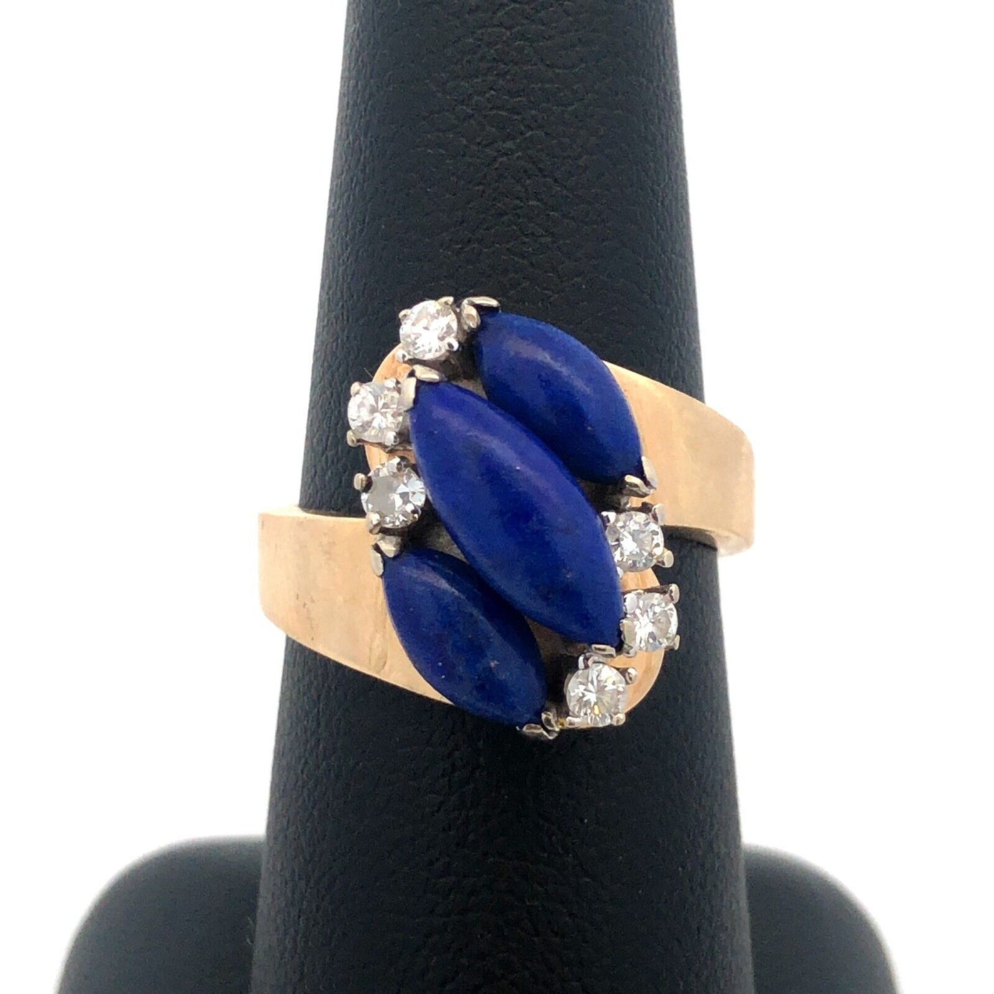Gorgeous 14k Yellow Gold Cabochon Lapis Lazuli Diamond Bypass Ring Size 7.25