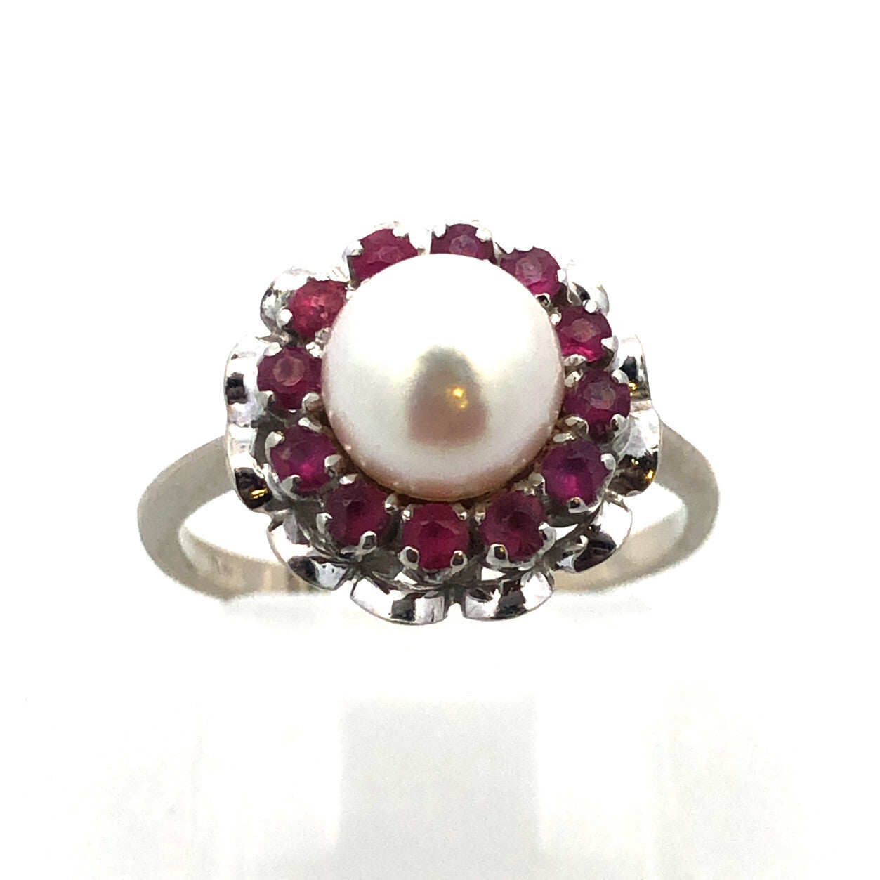Gorgeous 14k White Gold Floral Round Cut Ruby Halo Pearl Ring SIze 4.25