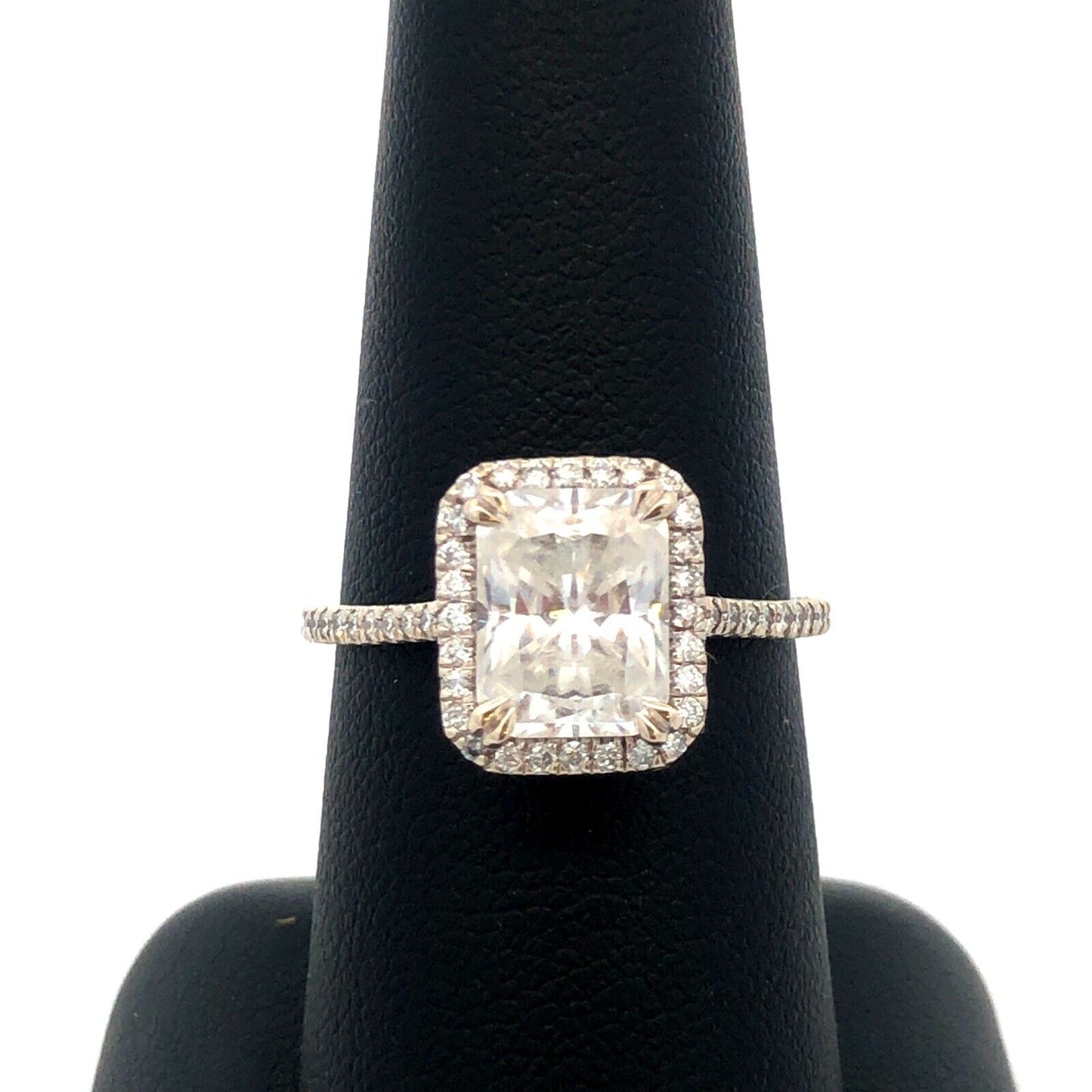 Designer 14K White Gold Emerald Cut Moissanite Halo Engagement Ring