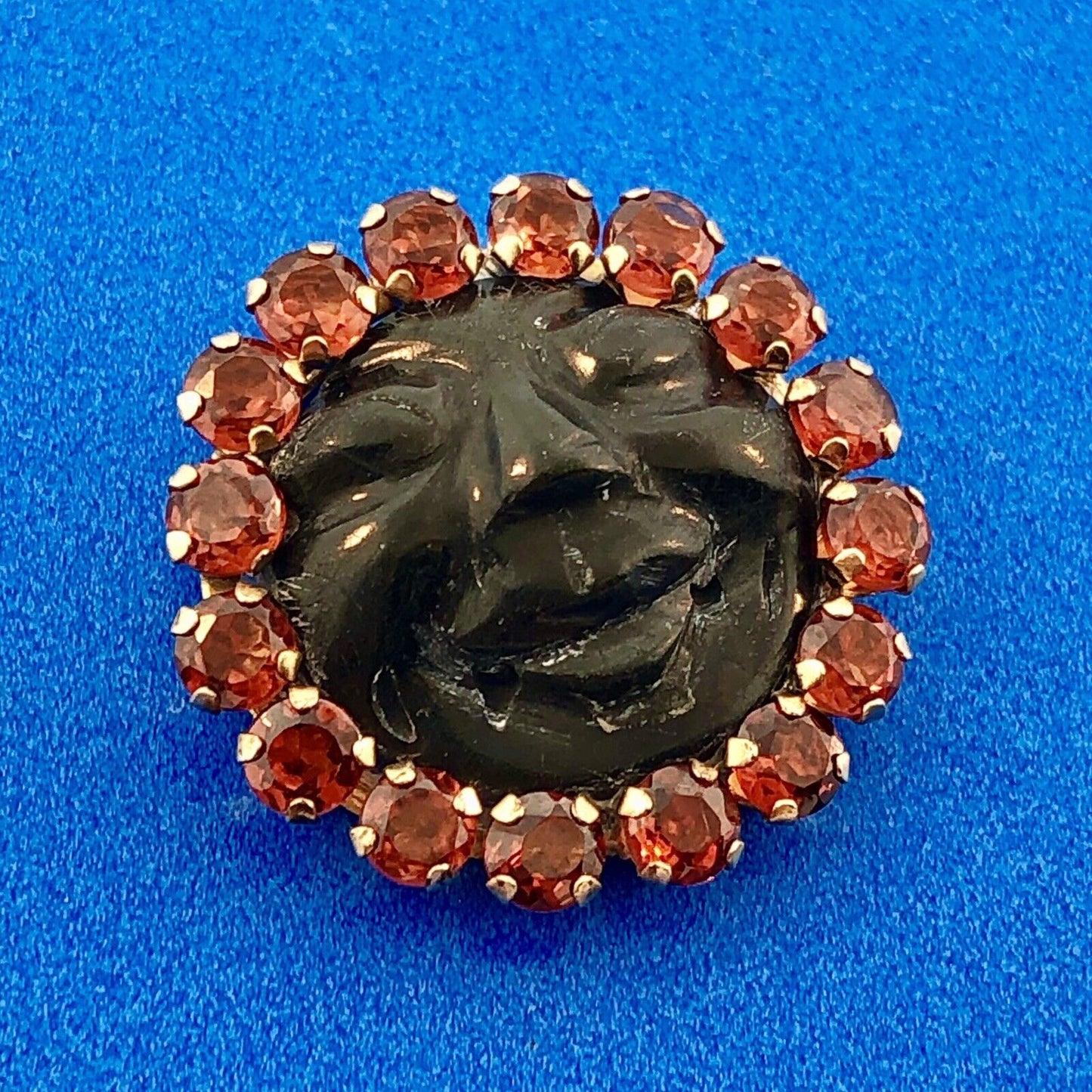 Art Deco Unusual 10K Yellow Gold Citrine Halo Carved Black Resin Cameo Pendant
