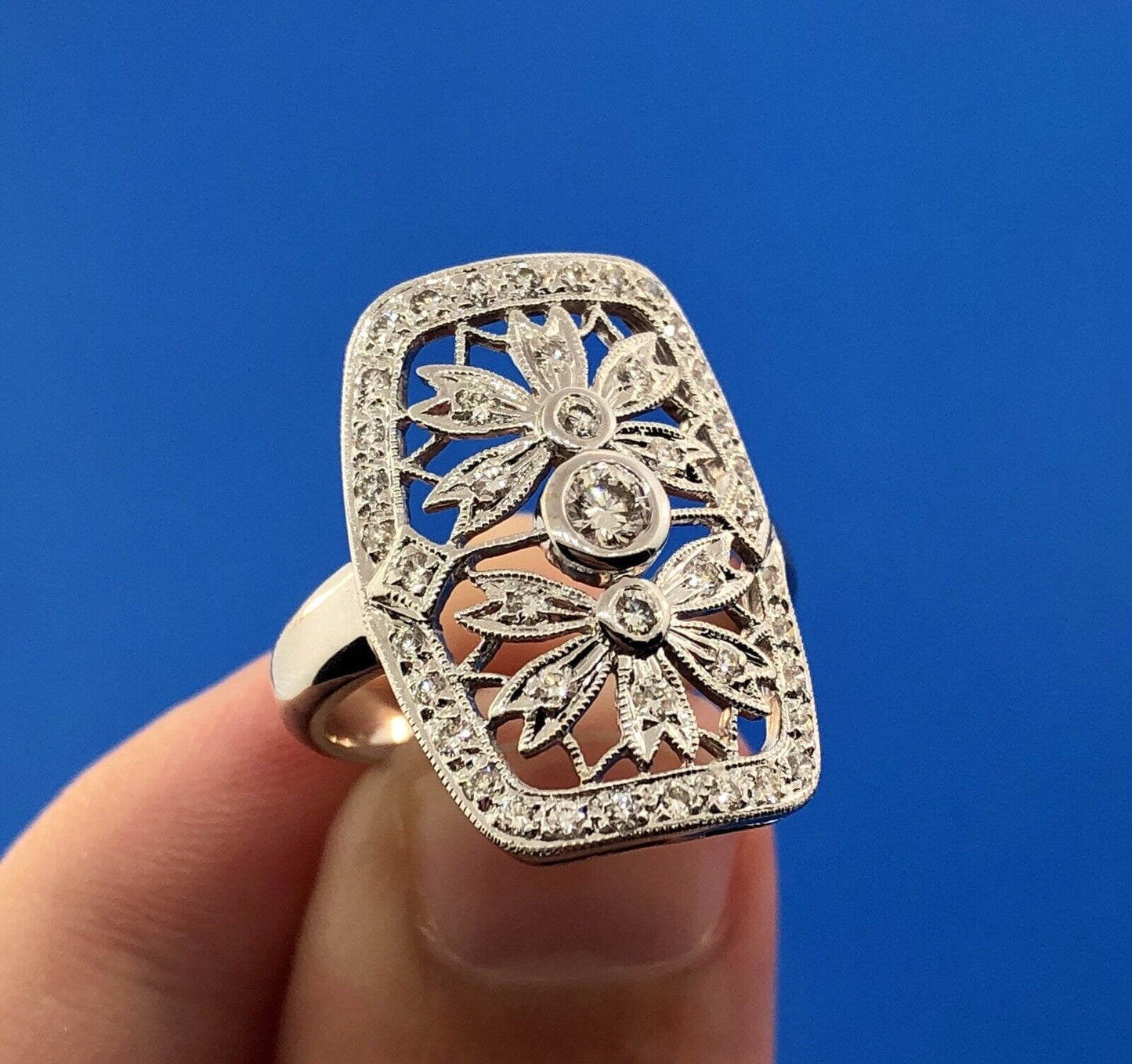 Vintage 18K White Gold Diamond Floral Filigree Statement Finger Ring