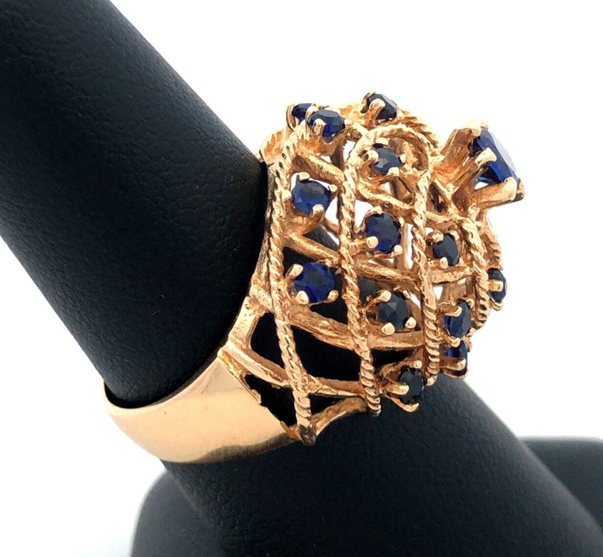 Estate 18K Yellow Gold Blue Sapphire Open Work Harem Cocktail Statement Ring