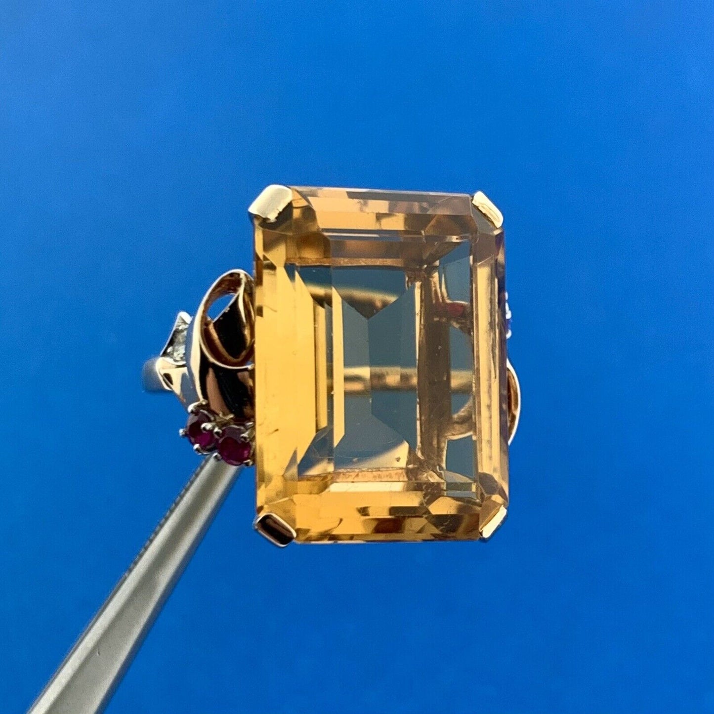Vintage 14K Yellow Gold Emerald Cut Citrine Ruby Diamond Accent Statement Ring
