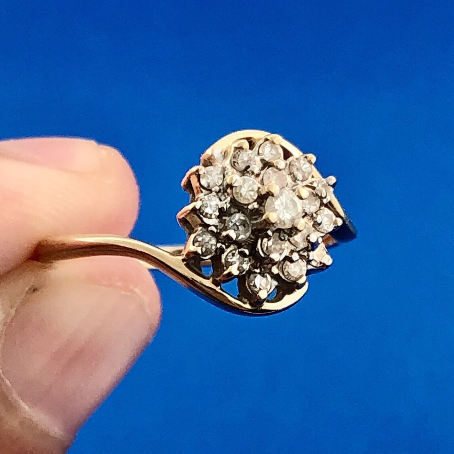 Retro 14K Yellow Gold Diamond Floral Cluster Bypass Engagement Bridal Ring