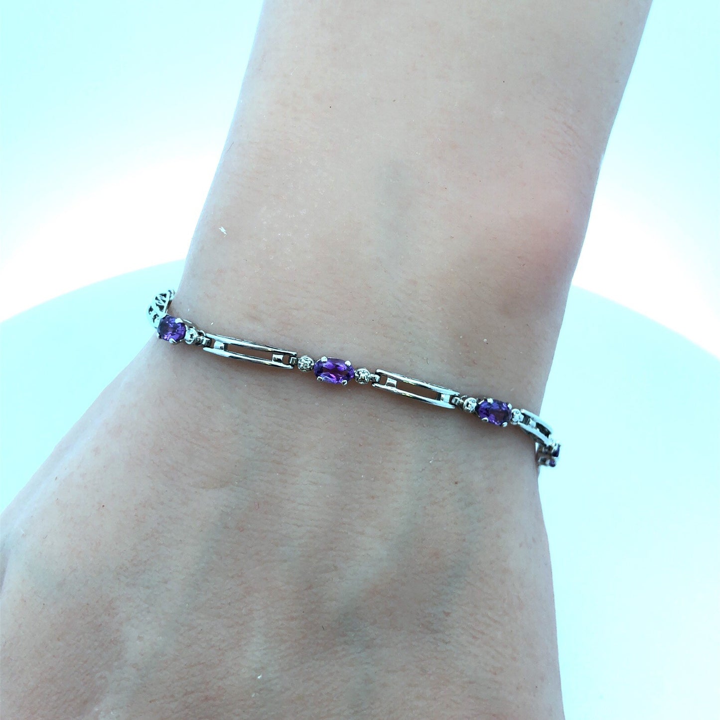 Designer Mexico 10K White Gold Oval Amethyst Diamond Accented Tennis Bracelet
