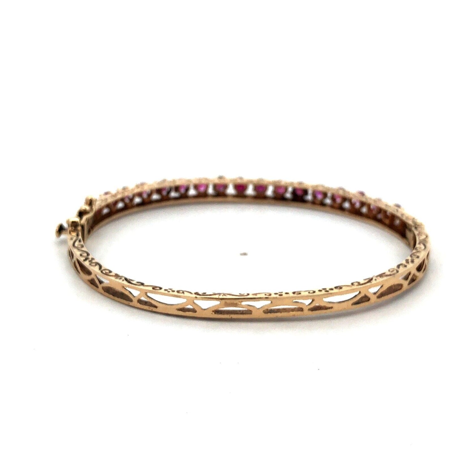 Vintage 14K Yellow Gold Round Ruby Open Scroll Hinged Cuff Bangle Bracelet