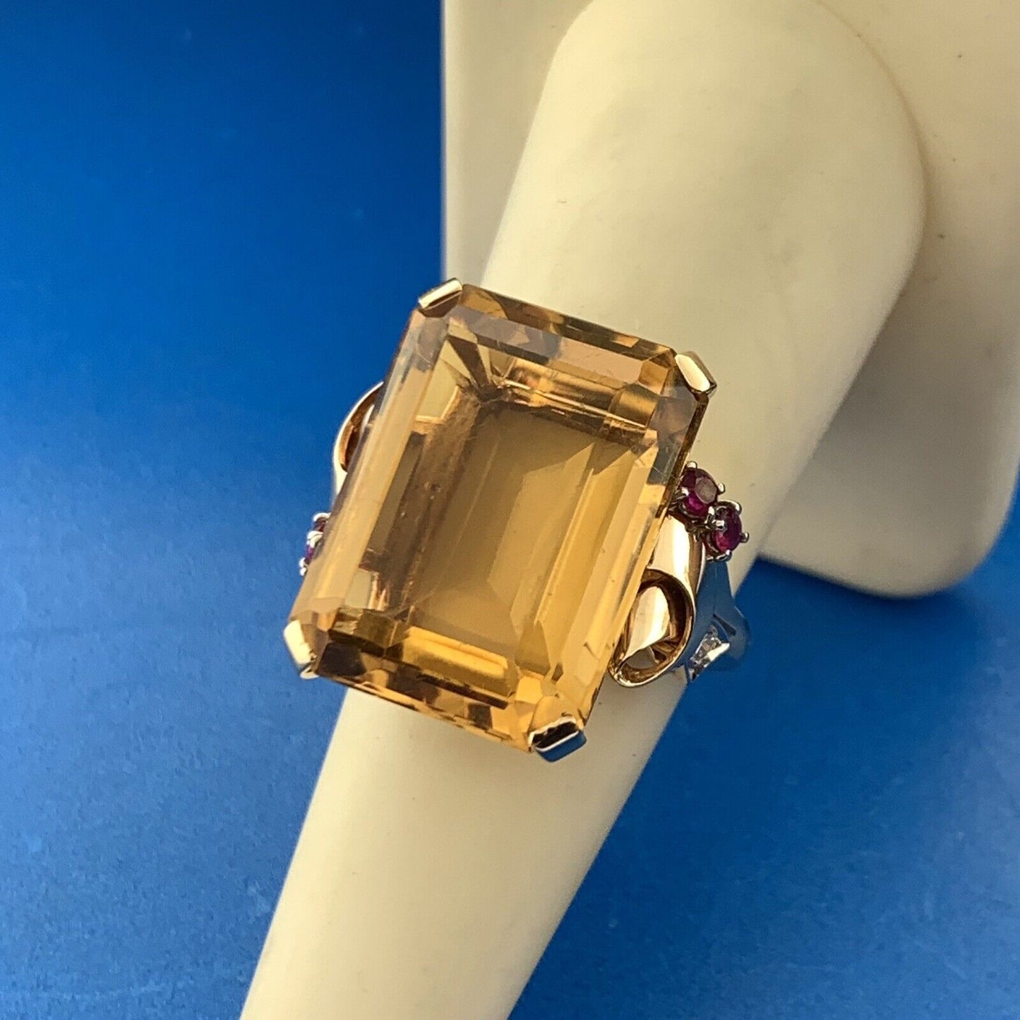 Vintage 14K Yellow Gold Emerald Cut Citrine Ruby Diamond Accent Statement Ring