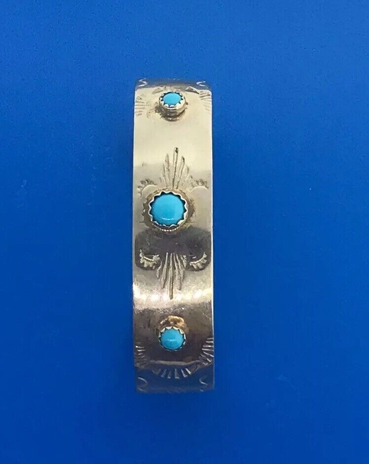 Vintage Childs Silver Tone Faux Turquoise Storyteller Etched Cuff Bracelet