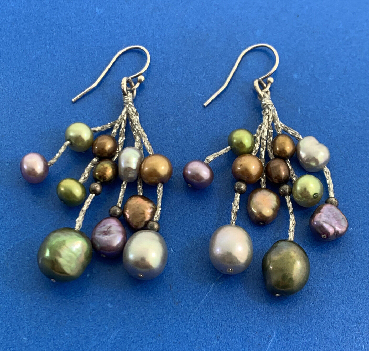 Estate 925 Sterling Silver Green Purple Gold Silver Pearl Hook Dangle Earrings