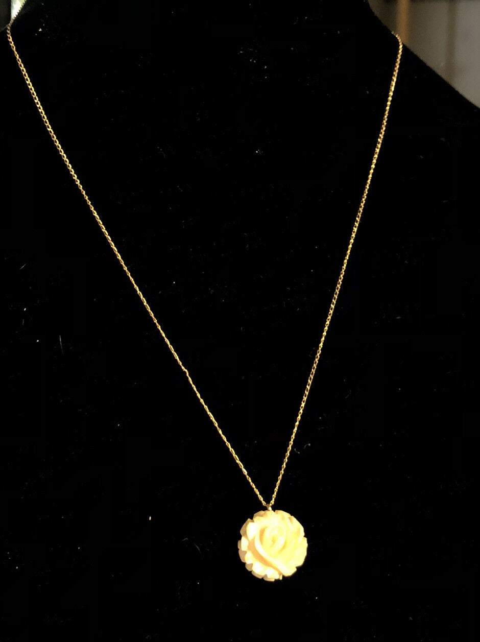 Designer 14K Yellow Gold Hand Carved Resin Rose Pendant Necklace