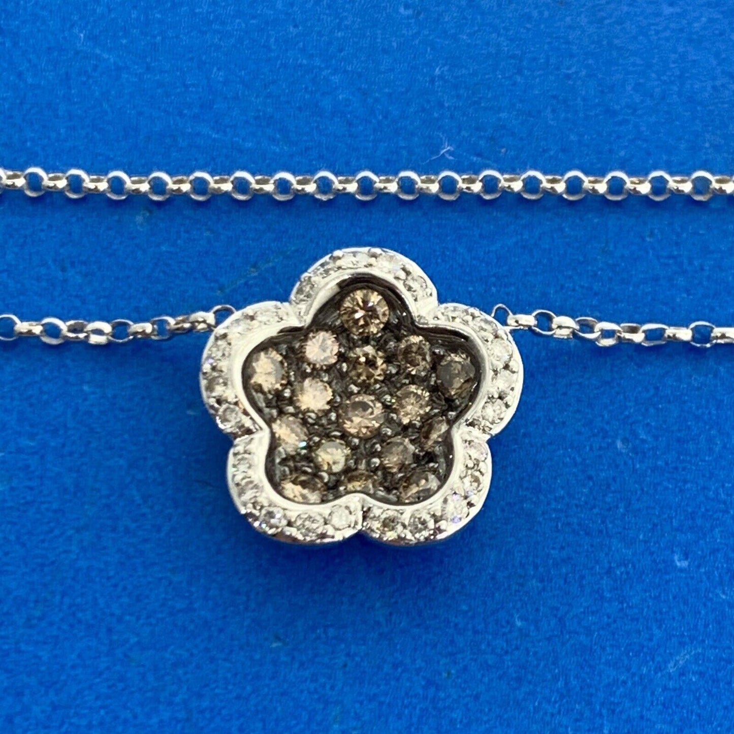Designer 18K White Gold Champagne & White Diamond Flower Cluster Necklace