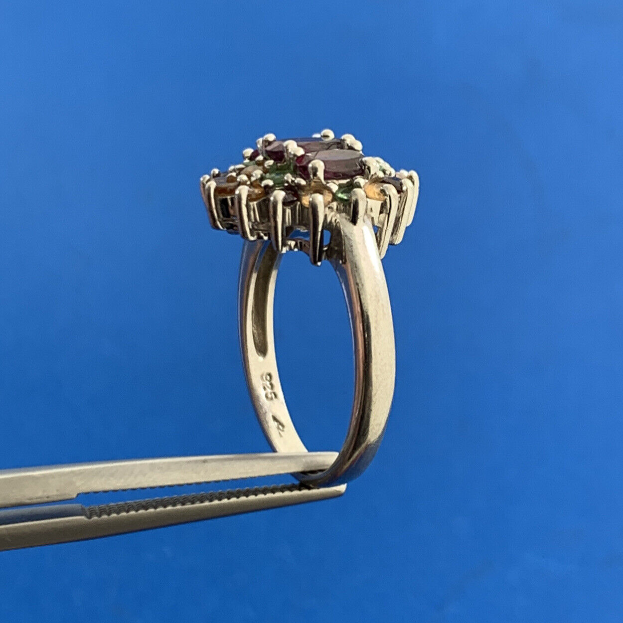 Designer 925 Sterling Silver Mixed Gemstone Floral Cluster Cocktail Ring