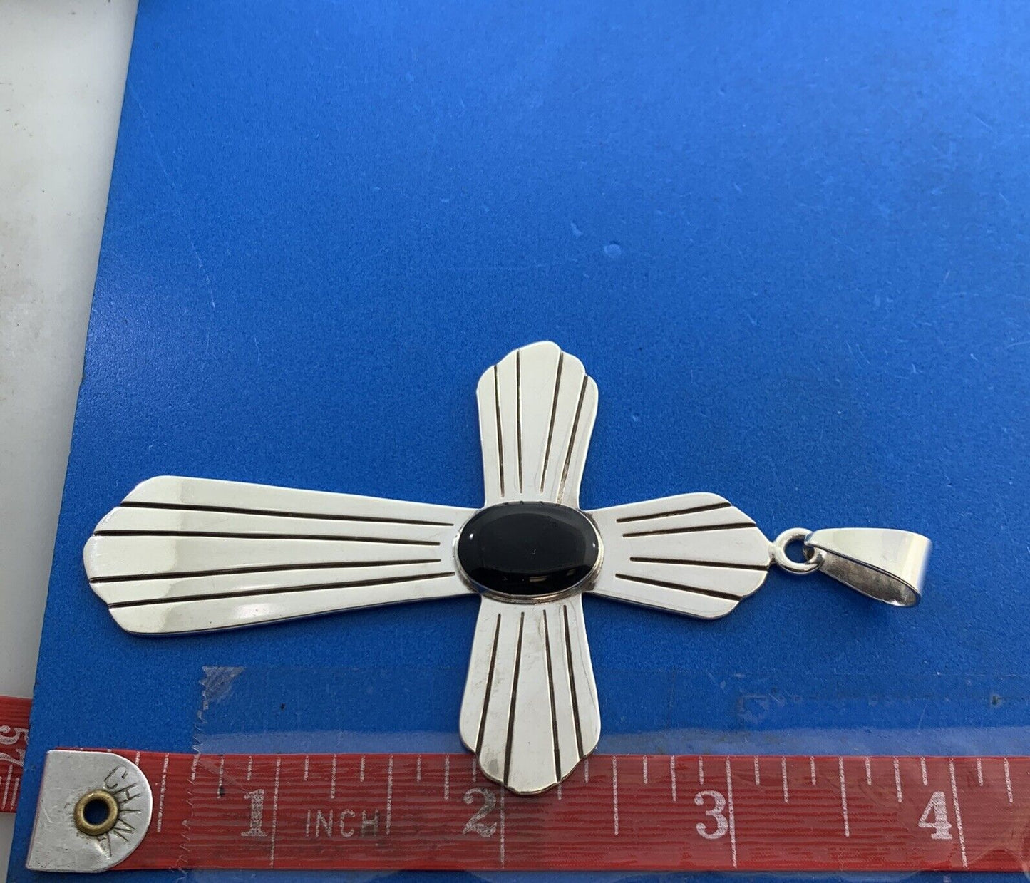 Taxco Mexico 925 Sterling Silver Black Onyx Large Ethnic Statement Cross Pendant