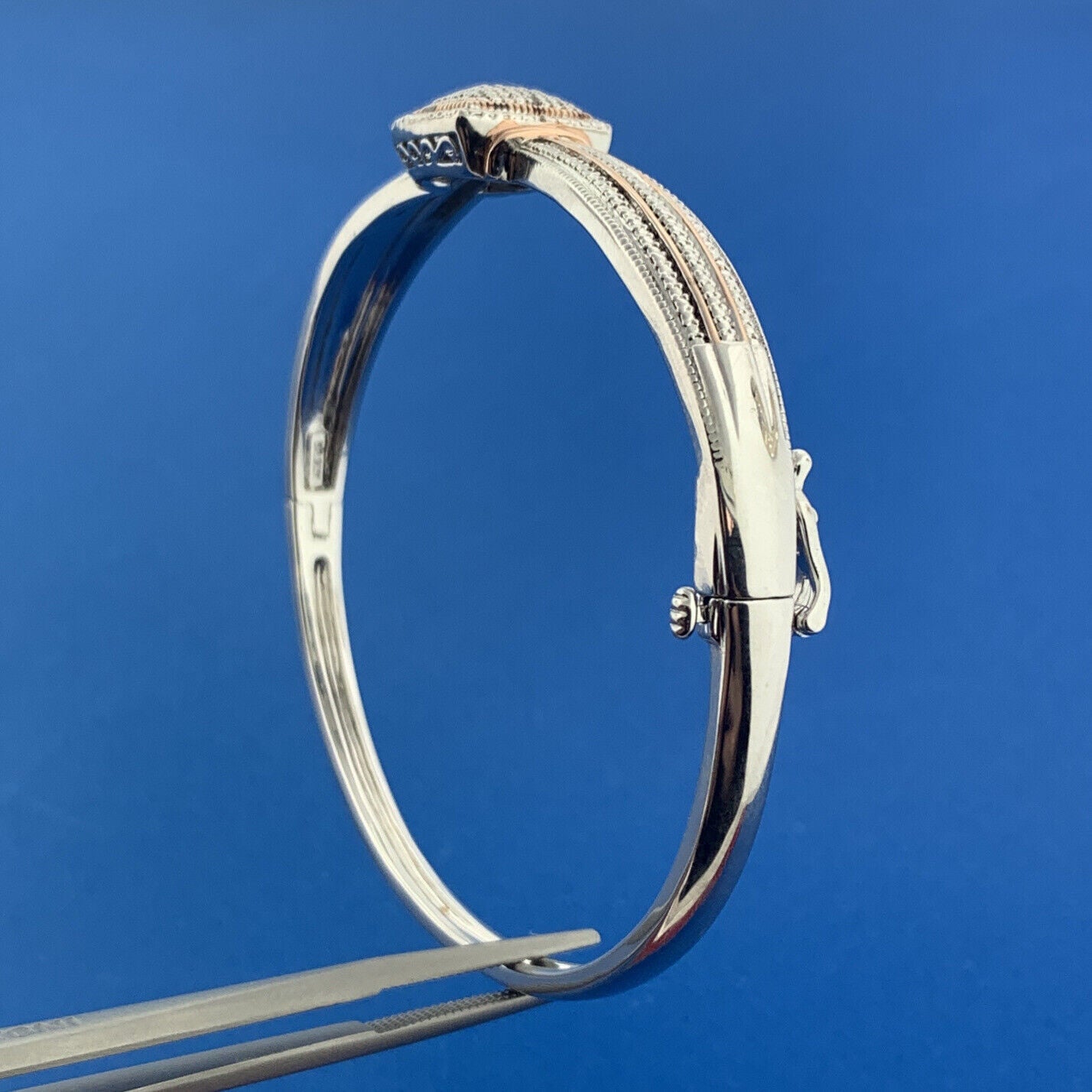 Designer BR SUN Silver Toned Round Cut Diamond 7.5" Hinged Cuff Bracelet