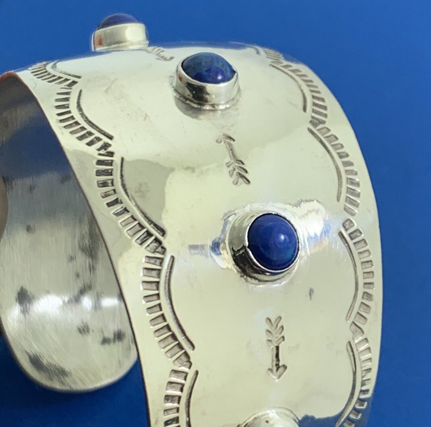 Taxco Mexico Sterling Silver Lapis Lazuli Storyteller Open Cuff Bangle Bracelet