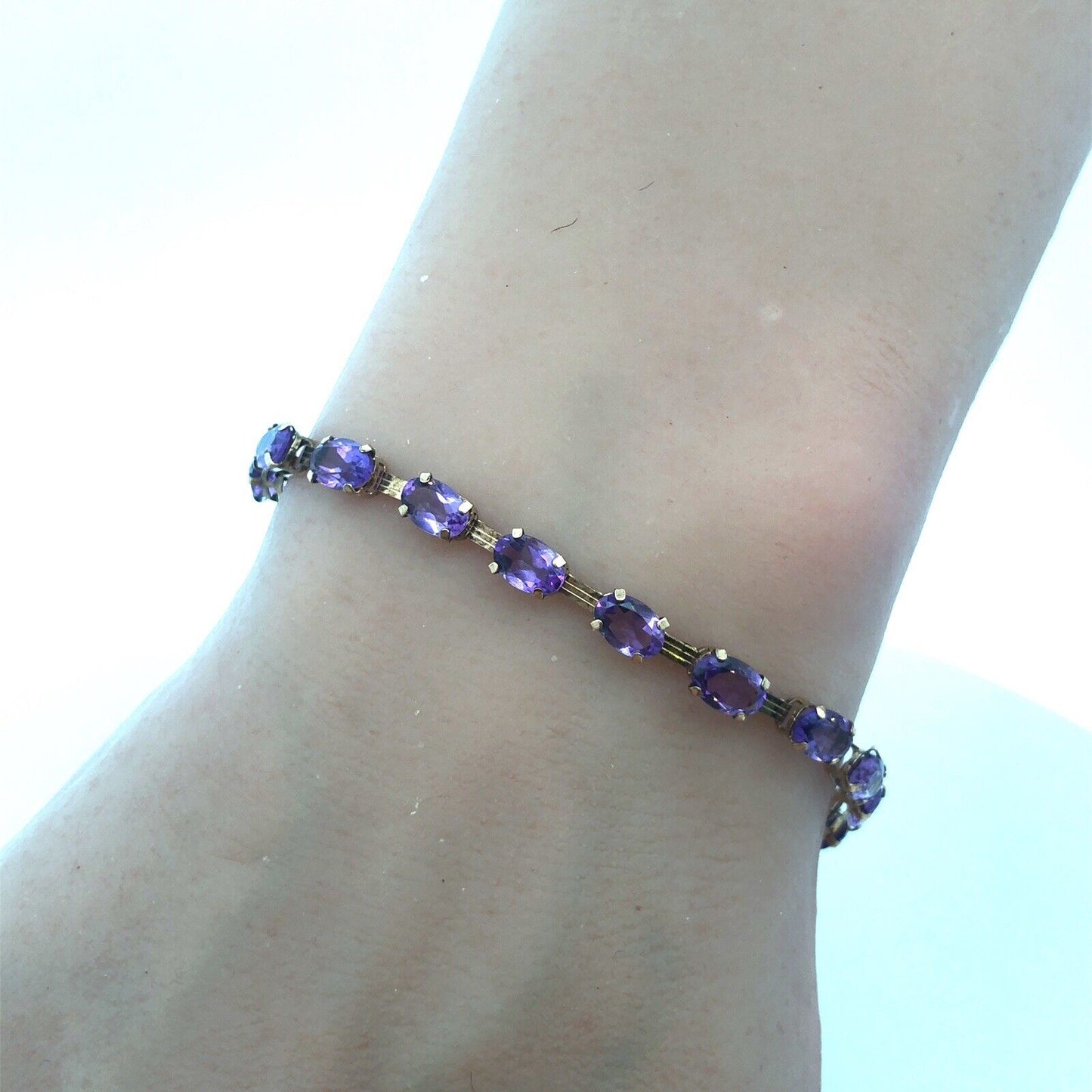Vintage 10K Oval Amethyst Panel Bar Link February Anniversary Tennis Bracelet