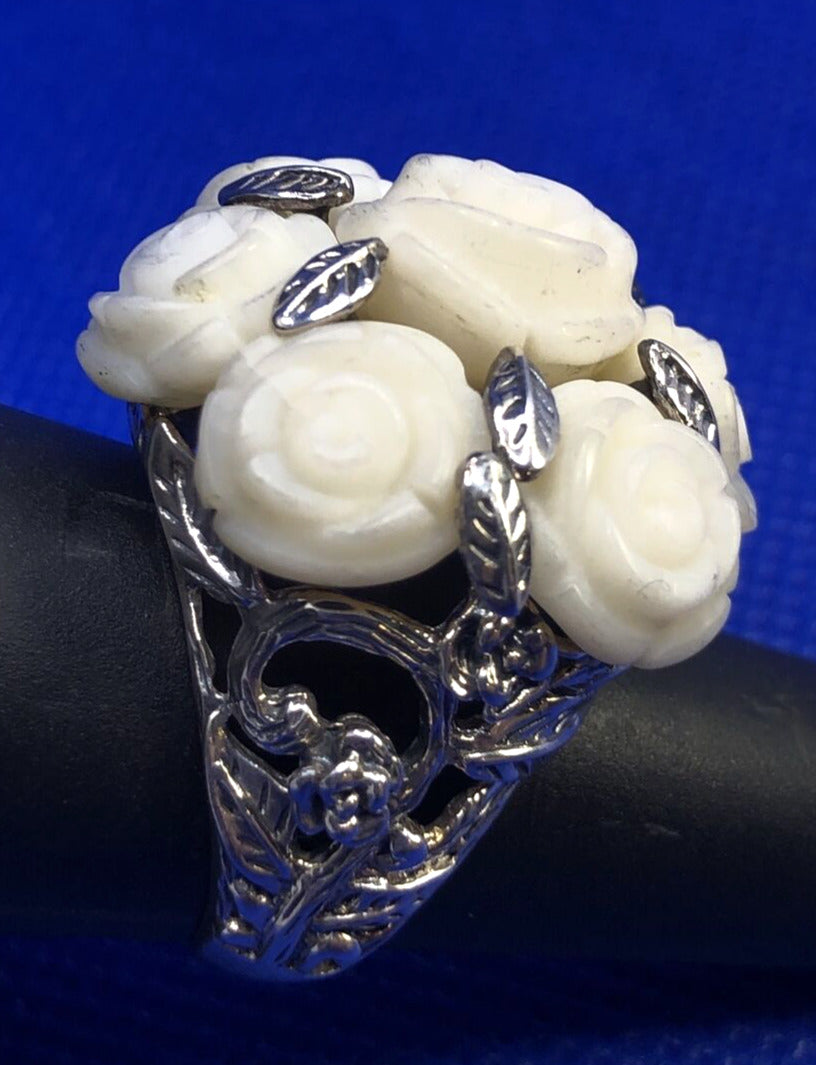 Designer SX 925 Sterling Silver Carved White Resin Rose Bouquet Cocktail Ring