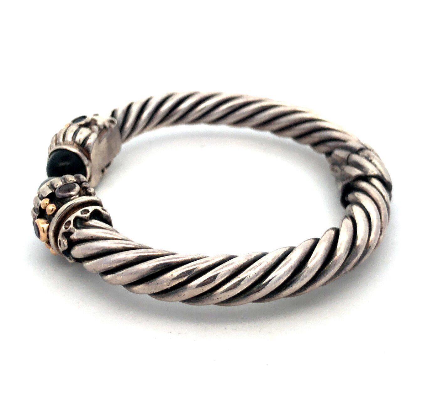Designer 14K Gold 925 Sterling Silver Amethyst Black Onyx Cable Cuff Bracelet