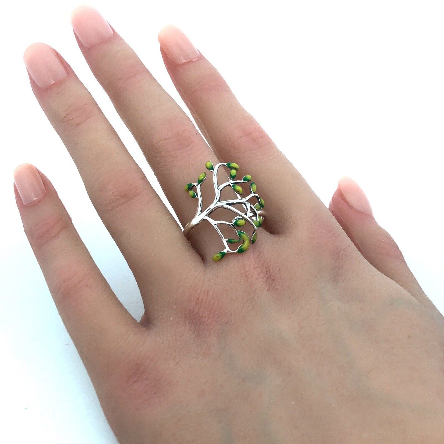 925 Sterling Silver Vintage Green Enamel Tree Of Life Leaves Nature Ring