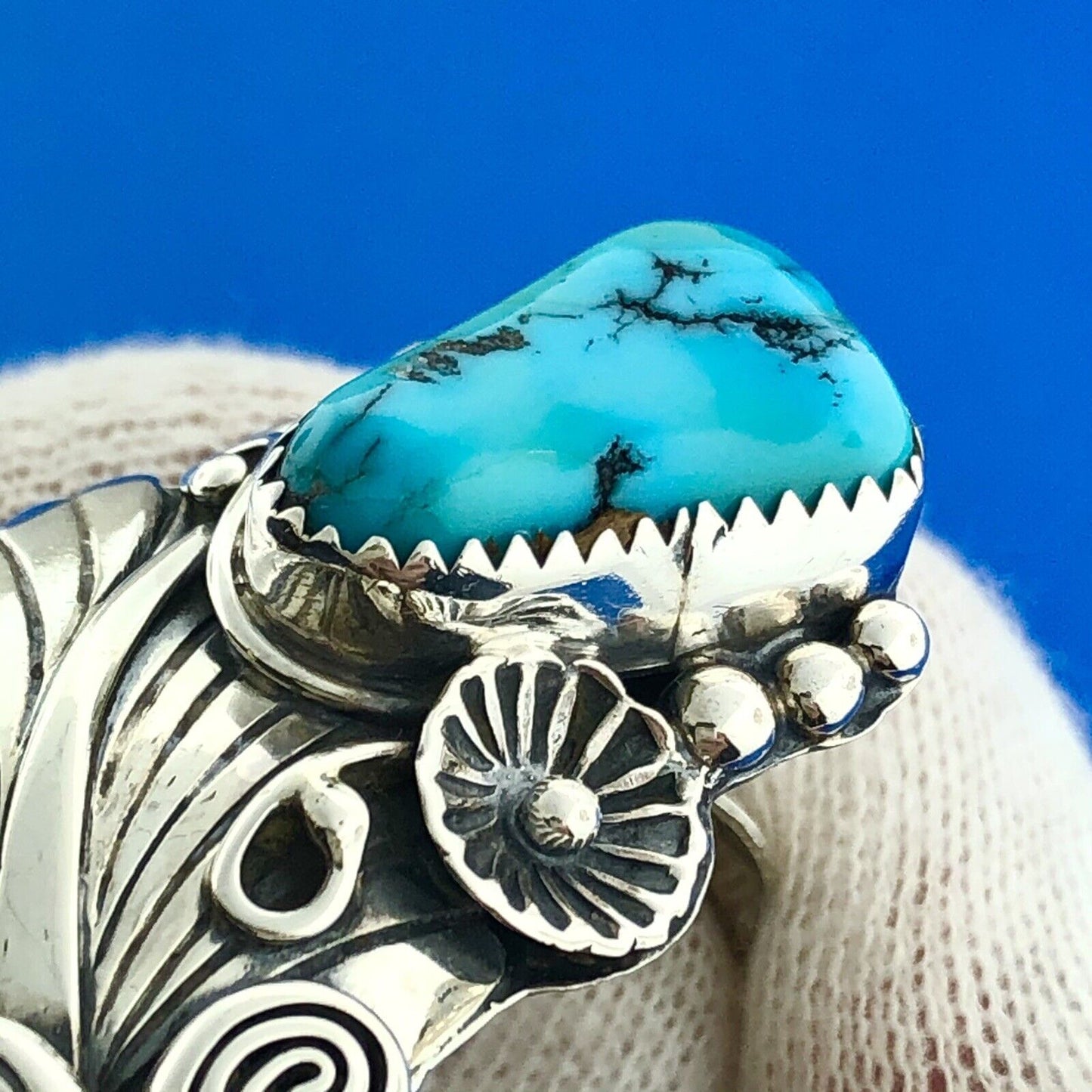 Vintage Old Pawn 925 Sterling Silver Turquoise Squash Blossom Clip On Earrings