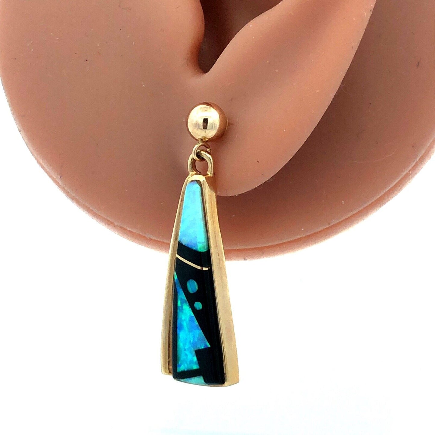 Calvin Begay Navajo 14K Yellow Gold Opal Onyx Storyteller Statement Earrings